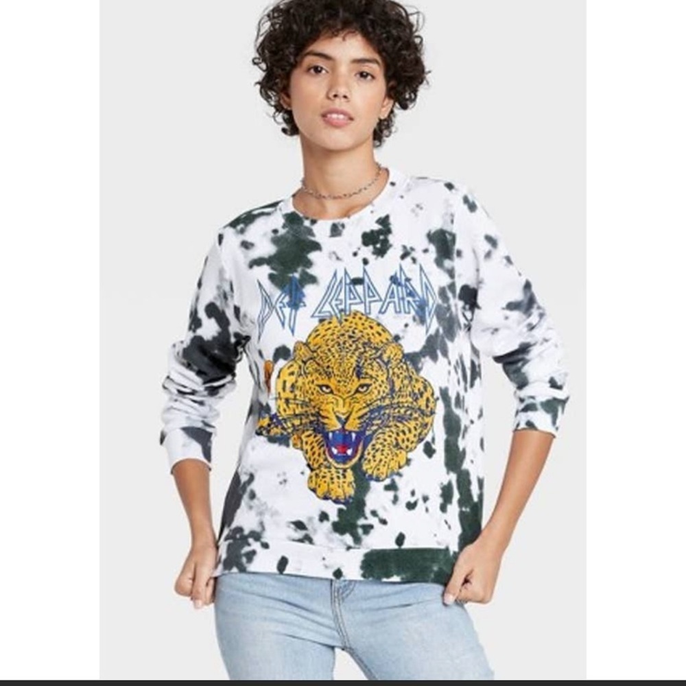 Def Leppard Grey & White Tie Dye Graphic Print Sweatshirt